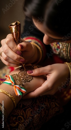 Woman getting henna tattoo on hand.