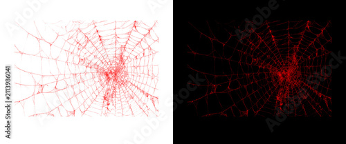 Bloody spider web texture on white and black backgrounds, red blood splatter on cobweb, creepy horror design elements for halloween