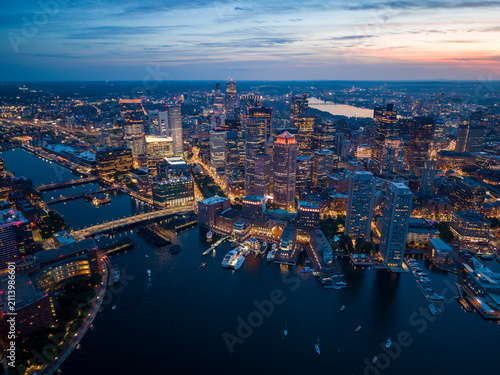 The Boston skyline at night, Massachusetts (from the harbour)