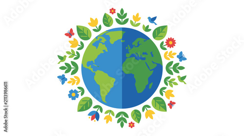 Colorful Vector Illustration of Planet Earth Surrounded by Flowers and Nature Elements for World Environment Day Background