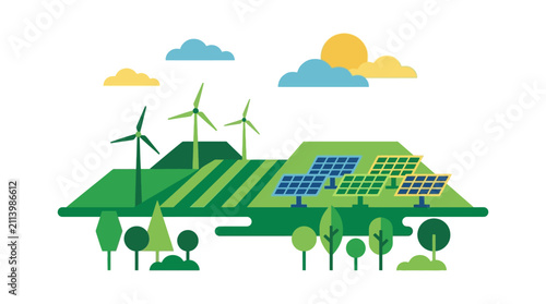 World Environment Day green energy background with solar panels and wind turbines