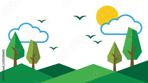 Vector landscape with green hills, trees, birds, clouds, and sun in flat design