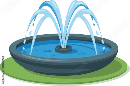 Cartoon water fountain park garden decoration vector illustration, outdoor stone basin splash drop clip art design