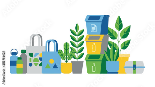 Eco Friendly Lifestyle Illustration Featuring Sustainable Waste Sorting Bins Reusable Shopping Bags And Potted Green Plants