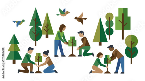 Diverse Group of People Planting Young Trees in a Green Forest for Environmental Conservation