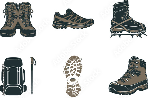 Bild auf Leinwand Hiking boots and outdoor adventure gear icon set with trail running shoes backpa