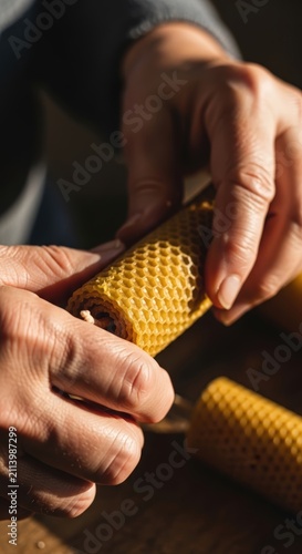 Hands holding honeycomb wax closeup.