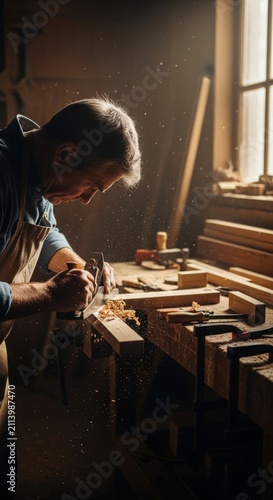 Skilled Carpenter Crafting Wood with Hand Plane in Workshop.