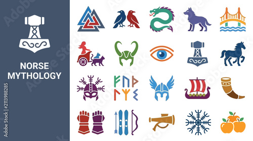 Cuadro en lienzo Norse mythology flat icon set with viking and pagan symbols