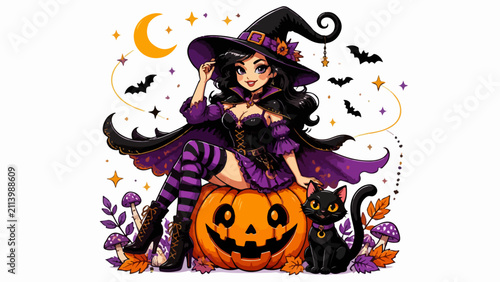 Elegant Pin-Up Witch Mascot Jack-O'-Lantern Cat Vector