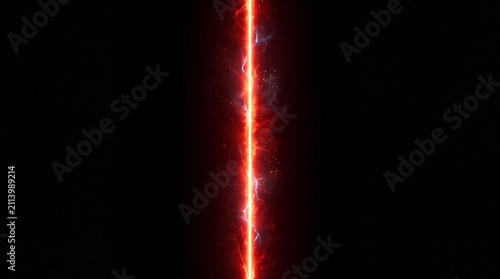 Vertical Red Laser Beam with Energy Sparks on Black Background