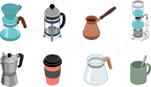 Quadro su tela Isometric coffee brewing methods icon set vector illustration featuring pour ove