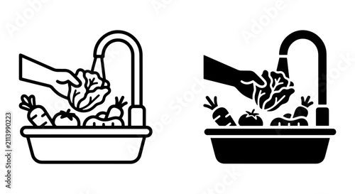 Washing Fresh Vegetables and Salad Greens, Healthy Food Preparation Icons, Kitchen Hygiene Vector Set
