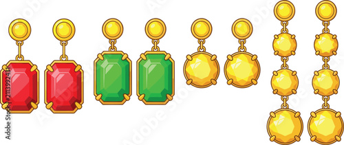 Vászonkép Luxury gold earrings collection vector illustration featuring ruby emerald and c