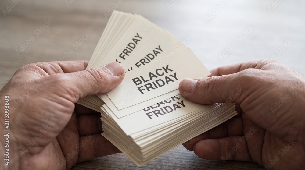 Fototapeta premium A hand holding a stack of cards with the text BLACK FRIDAY printed on them, suggesting a sale or promotion event