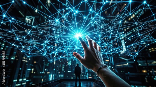 A person reaches out to touch a glowing blue digital network of interconnected nodes and lines floating in a dark, futuristic urban environment