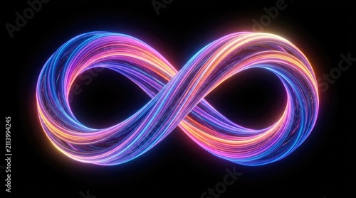 Abstract infinity symbol made of glowing colorful light trails swirling in a continuous loop against a solid black background wallpaper