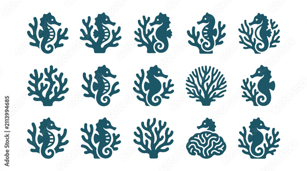 Fototapeta premium Blue seahorse and coral icons representing diverse reef ecosystems.