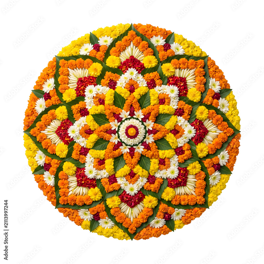 Fototapeta premium Floral pookalam rangoli design for onam festival with flowers green on transparent background