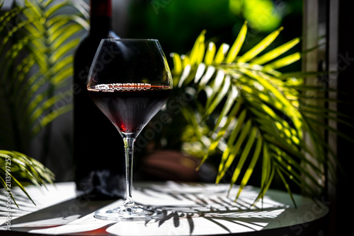 Bild auf Leinwand Burgundy Pinot Noir red wine glass and dark bottle with palm leaf sunlight shado