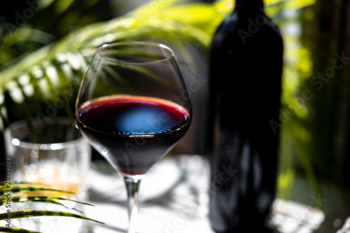 Konstfotografi Napa Valley Cabernet Sauvignon red wine glass with dark bottle and tropical palm