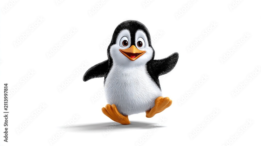 Fototapeta premium Happy Cartoon Penguin Dancing: A charming, anthropomorphic penguin with a cheerful expression and wide eyes dances joyfully, its wings outstretched in a display of pure delight.