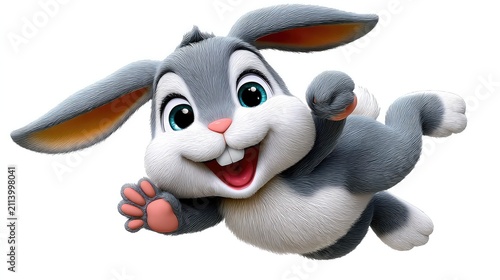 Happy cartoon bunny: A cute and happy cartoon bunny is flying in the sky, with a big smile on its face and arms outstretched. Its ears are long and floppy, and its fur is soft and fluffy.