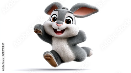 Cute Bunny Illustration: A cheerful cartoon bunny with big eyes and long ears hops joyfully, its fluffy tail visible, ready for adventure.