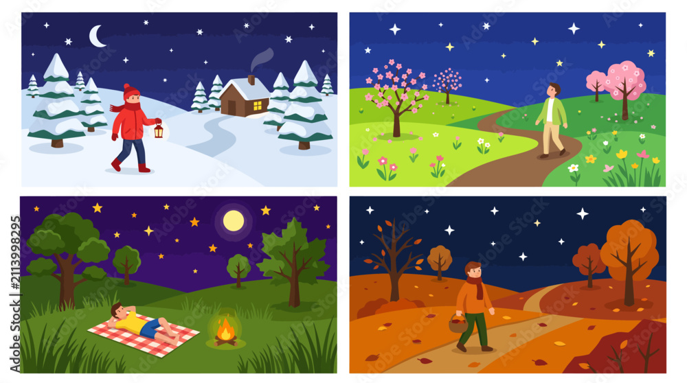 Fototapeta premium Set of seasonal night landscapes featuring people enjoying outdoor activities in different seasons.