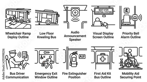 Set of public bus accessibility and safety equipment line icons.