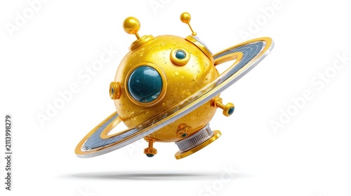 Golden Robot Spaceship: A whimsical golden robot spaceship, resembling a stylized planet with rings, floats against a clean background, embodying themes of exploration and future technology.