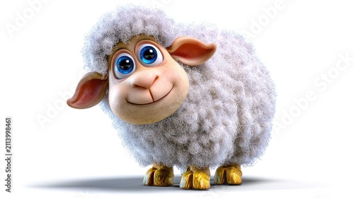 Whimsical Cartoon Sheep: A fluffy, adorable cartoon sheep with big blue eyes and a cheerful smile radiates innocence and charm, ready to captivate any audience.
