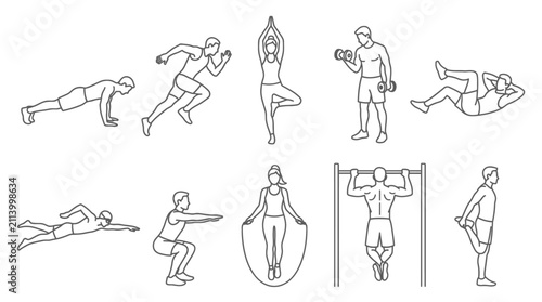Set of ten people exercising doing various sports and fitness activities.