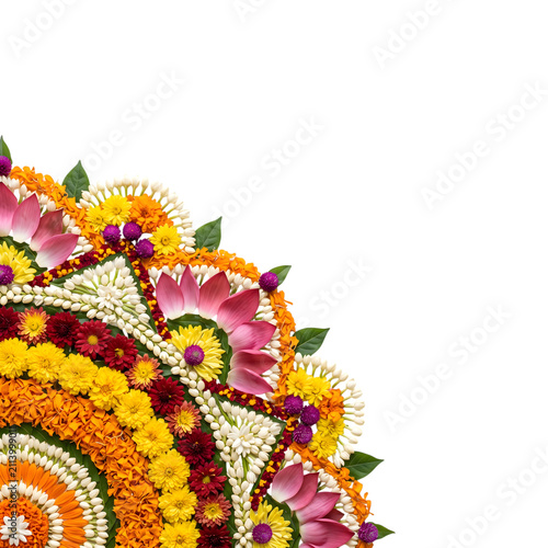 Floral pookalam rangoli design element for onam festival decoration on transparent background