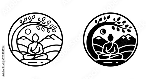Cuadro en lienzo Meditating Buddha under Tree, Zen Landscape Circle Icons, Yin Yang Symbolism