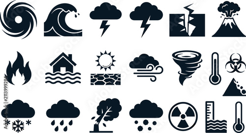 Foto Natural disasters and extreme weather glyph icon vector set with black silhouett