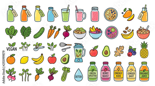 Foto Healthy Food and Drinks Collection Hand Drawn Style