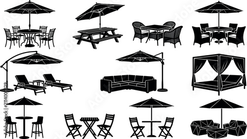 Obraz na płótnie Outdoor patio furniture and garden dining set silhouette vector collection with