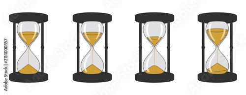 Foto Sand Timer Progression: Four black sand timers illustrate the passage of time, with sand gradually flowing from the top bulb to the bottom, symbolizing countdowns and the finite nature of moments