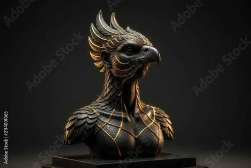 Minimalist 3D Garuda sculpture in matte black and glowing gold.