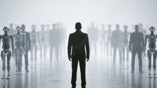 Silhouetted human stands before rows of humanoid robots in minimalist white space.