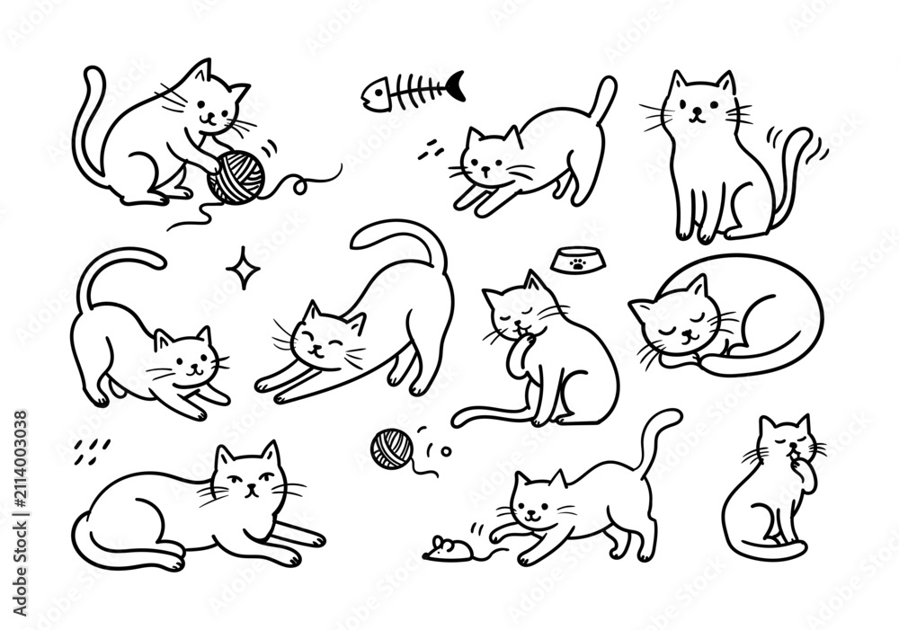 Naklejka premium Cute Hand Drawn Cat Doodles Vector Set Of Playful Kittens Yarn Balls And Pet Accessories