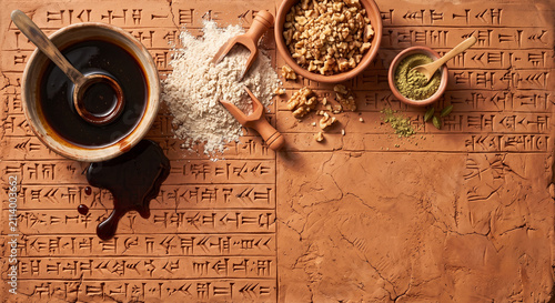 Creative top view of Iraqi date cake ingredients on terracotta clay
