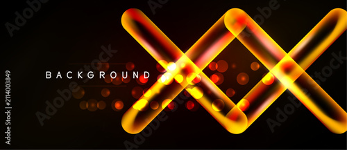Bright orange neon lines intersect over dark background. Circles add subtle glow, creating dynamic visual effect.