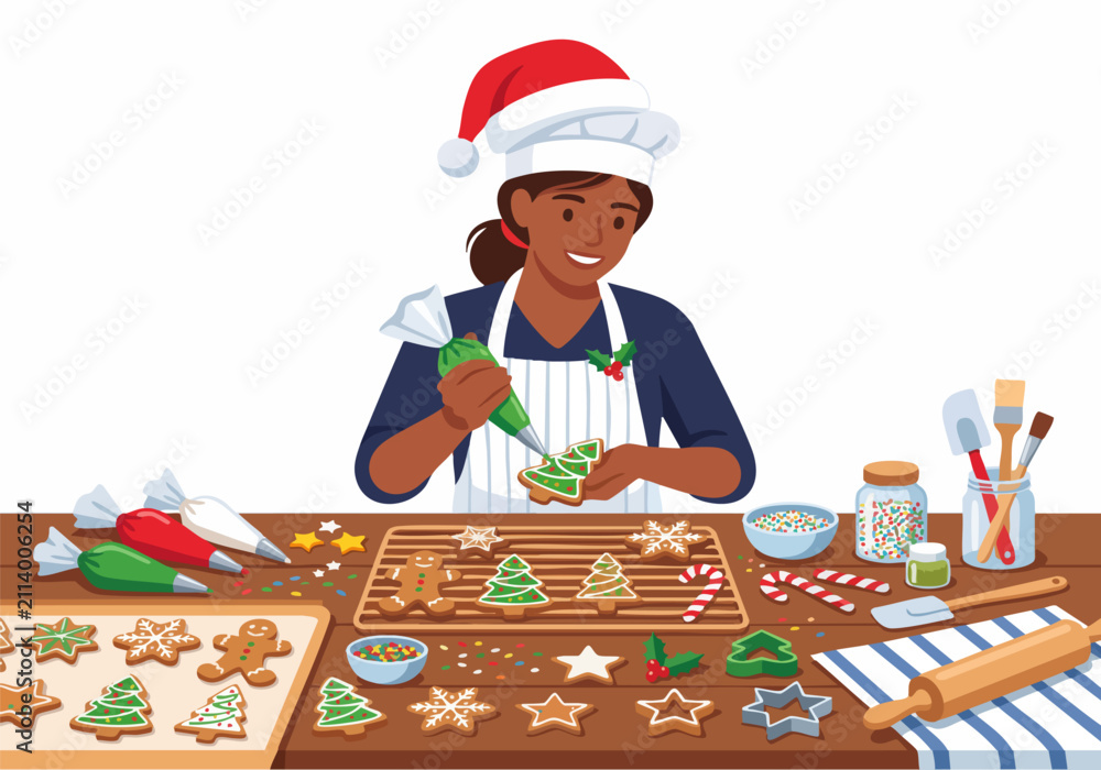 Fototapeta premium Woman Baking Christmas Cookies in Kitchen Flat Vector Illustration