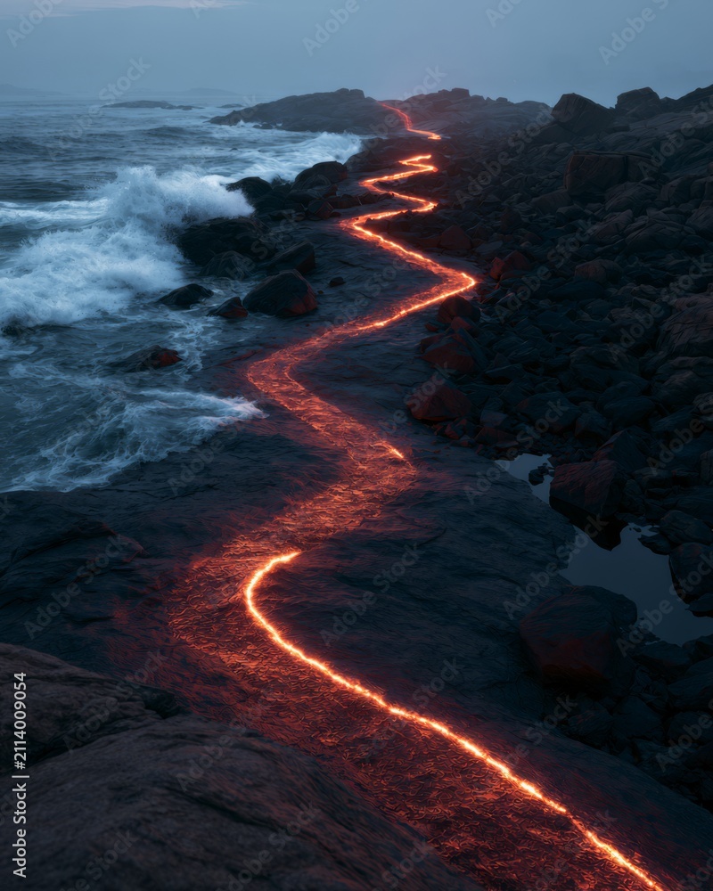 Fototapeta premium Glowing path leading across a rocky ocean shoreline