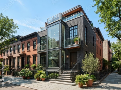 Modern black brick townhouse with glass corner facade and potted plants