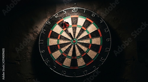 A dartboard with a dart in the bullseye, illuminated by a spotlight against a dark, textured background. The dart's tip is precisely embedded in the center, symbolizing accuracy and a perfect shot