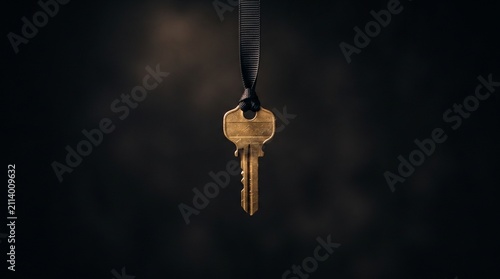 A single golden key hangs from a black ribbon against a dark, moody background. The key symbolizes opportunity, access, and unlocking secrets.