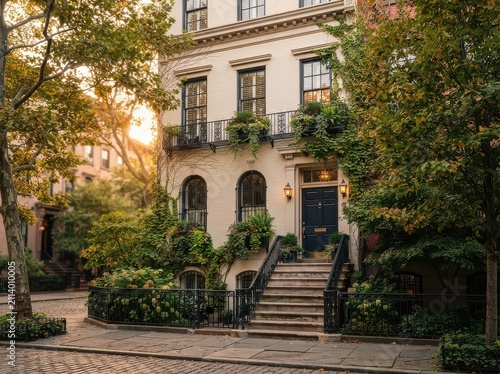 Stone townhouse entrance with garden and sunset light